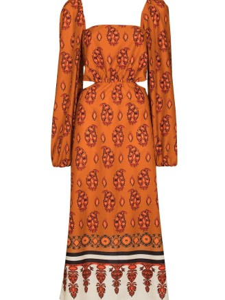 Johanna Ortiz Indian Roar cut-out dress in brick orange – square neck back tie printed cotton dresses