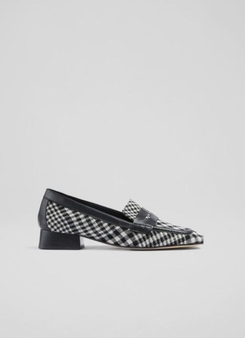 L.K. BENNETT KATE BLACK AND WHITE CHECK TWEED HEELED LOAFERS ~ womens checked vintage style loafer shoes - flipped
