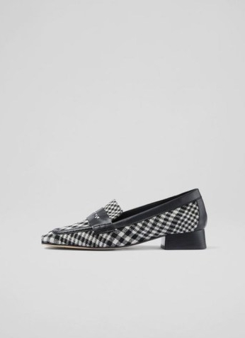 L.K. BENNETT KATE BLACK AND WHITE CHECK TWEED HEELED LOAFERS ~ womens checked vintage style loafer shoes