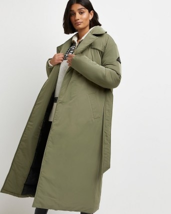 River Island KHAKI BELTED PUFFER TRENCH COAT – womens green padded tie waist coats - flipped