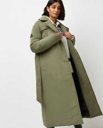 River Island KHAKI BELTED PUFFER TRENCH COAT – womens green padded tie waist coats