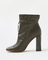 RIVER ISLAND KHAKI HEELED ANKLE BOOTS ~ green snake print detail boots ~ high block heel booties with drawstring fastening
