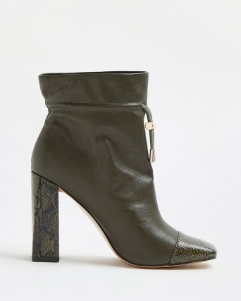 RIVER ISLAND KHAKI HEELED ANKLE BOOTS ~ green snake print detail boots ~ high block heel booties with drawstring fastening - flipped