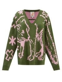 JOOSTRICOT Reversible fox-jacquard green and pink wool-blend sweater ~ womens oversized fit drop shoulder sweaters
