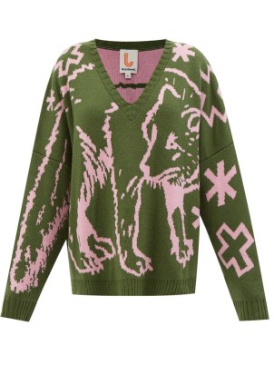 JOOSTRICOT Reversible fox-jacquard green and pink wool-blend sweater ~ womens oversized fit drop shoulder sweaters - flipped