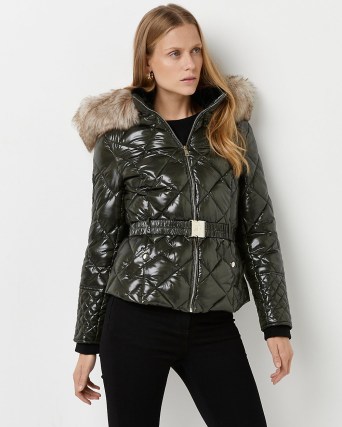 RIVER ISLAND KHAKI QUILTED PUFFER COAT ~ womens green short padded coats ~ women’s faux fur hood winter jackets ~ stylish hooded outerwear - flipped