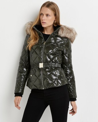 RIVER ISLAND KHAKI QUILTED PUFFER COAT ~ womens green short padded coats ~ women’s faux fur hood winter jackets ~ stylish hooded outerwear