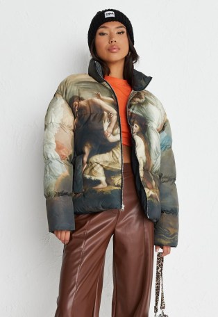 MISSGUIDED khaki renaissance graphic statement puffer coat ~ womens casual printed jackets ~ women’s on-trend winter coats - flipped