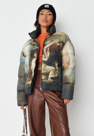 MISSGUIDED khaki renaissance graphic statement puffer coat ~ womens casual printed jackets ~ women’s on-trend winter coats