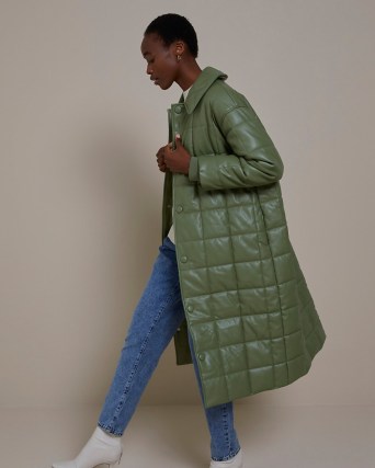RIVER ISLAND KHAKI RI STUDIO QUILTED PUFFER COAT ~ green padded longline coats ~ womens fashionable quilt detail winter outerwear - flipped