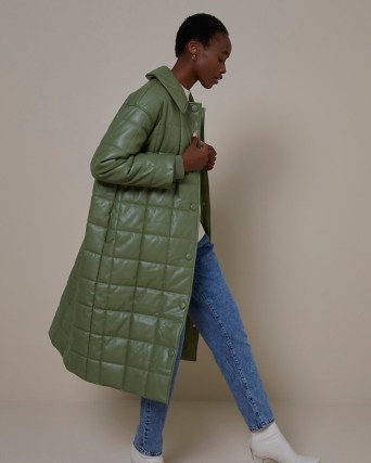 RIVER ISLAND KHAKI RI STUDIO QUILTED PUFFER COAT ~ green padded longline coats ~ womens fashionable quilt detail winter outerwear
