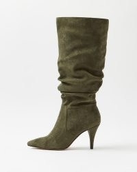 RIVER ISLAND KHAKI SUEDE RUCHED HEELED BOOTS ~ green slouchy boots