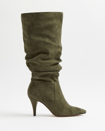 RIVER ISLAND KHAKI SUEDE RUCHED HEELED BOOTS ~ green slouchy boots - flipped