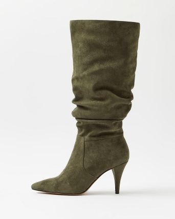 RIVER ISLAND KHAKI SUEDE RUCHED HEELED BOOTS ~ green slouchy boots