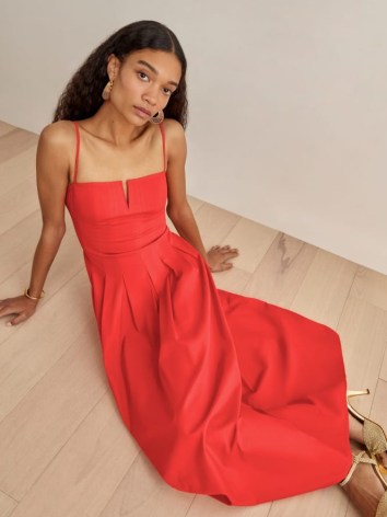 REFORMATION Kye Dress in Paprika ~ red spaghetti strap fitted bodice full skirt dresses – organic cotton fashion - flipped