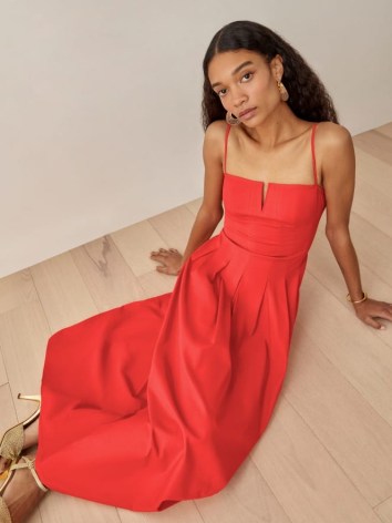 REFORMATION Kye Dress in Paprika ~ red spaghetti strap fitted bodice full skirt dresses – organic cotton fashion