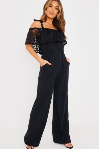 LADBABY MUM BLACK LACE BARDOT JUMPSUIT ~ celebrity inspired off the shoulder jumpsuits - flipped