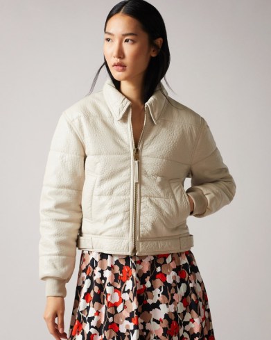 TED BAKER GLORIE Leather bomber jacket Ivory ~ casual luxe jackets ~ womens on-trend outerwear - flipped