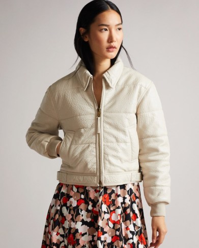 TED BAKER GLORIE Leather bomber jacket Ivory ~ casual luxe jackets ~ womens on-trend outerwear