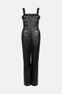 KAREN MILLEN Leather Button Placket Wide Leg Jumpsuit – luxe black sleeveless jumpsuits