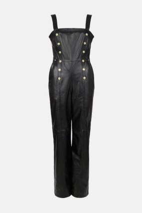 KAREN MILLEN Leather Button Placket Wide Leg Jumpsuit – luxe black sleeveless jumpsuits - flipped
