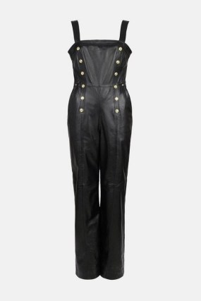 KAREN MILLEN Leather Button Placket Wide Leg Jumpsuit – luxe black sleeveless jumpsuits