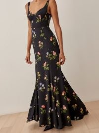 REFORMATION Lecce Dress in Night Bloom / black floral sleeveless fit and flare maxi dresses / low scoop back / fitted bustier bodice evening occasion fashion