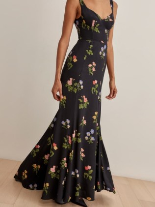 REFORMATION Lecce Dress in Night Bloom / black floral sleeveless fit and flare maxi dresses / low scoop back / fitted bustier bodice evening occasion fashion - flipped