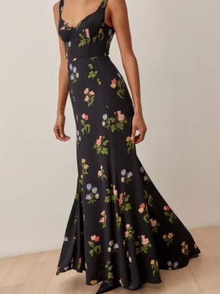 REFORMATION Lecce Dress in Night Bloom / black floral sleeveless fit and flare maxi dresses / low scoop back / fitted bustier bodice evening occasion fashion