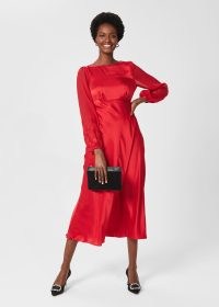 HOBBS LENORA SILK FIT AND FLARE DRESS POPPY RED – fluid fabric occasion dresses – luxe party fashion