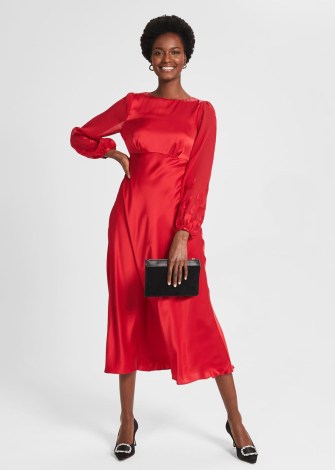 HOBBS LENORA SILK FIT AND FLARE DRESS POPPY RED – fluid fabric occasion dresses – luxe party fashion - flipped