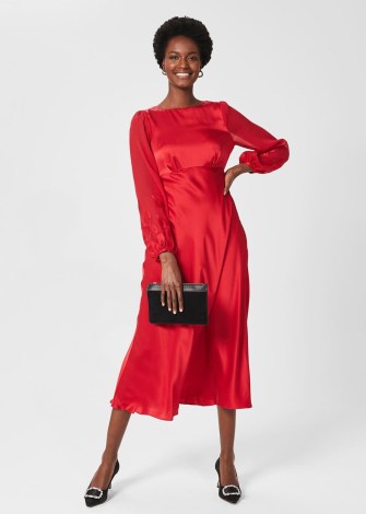 HOBBS LENORA SILK FIT AND FLARE DRESS POPPY RED – fluid fabric occasion dresses – luxe party fashion