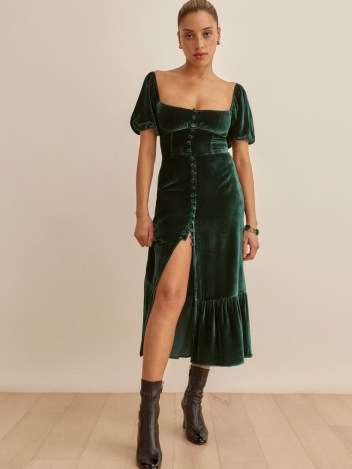 Reformation Leonie Velvet Dress in Forest – green luxe peasant style dresses – square neck – fitted bodice – tiered hem - flipped