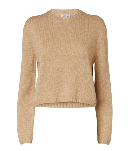 LESET Zoe Cropped Sweater in Camel Melange | womens light brown crop hem crew neck sweaters | women’s fashionable jumpers | neutral knitwear - flipped
