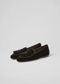 L.K. BENNETT LIBERTY BLACK VELVET TASSEL-DETAIL SLIPPERS ~ womens tasseled flats ~ women’s casual luxe style flat shoes