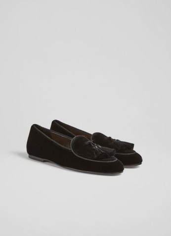 L.K. BENNETT LIBERTY BLACK VELVET TASSEL-DETAIL SLIPPERS ~ womens tasseled flats ~ women’s casual luxe style flat shoes - flipped