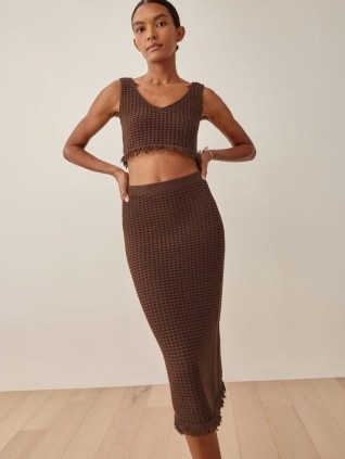 REFORMATION Lieta Open Knit Two Piece in Chestnut ~ chic knitted fashion sets ~ brown fringed midi skirt and crop top co ord ~ womens on trend clothing co ords - flipped