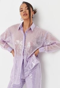 MISSGUIDED lilac co ord sequin oversized shirt ~ sheer oversized sequinned shirts ~ womens on-trend overshirts ~ glittering fashion