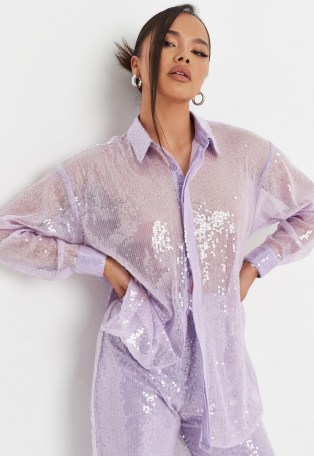 MISSGUIDED lilac co ord sequin oversized shirt ~ sheer oversized sequinned shirts ~ womens on-trend overshirts ~ glittering fashion - flipped