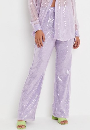 MISSGUIDED lilac co ord sequin straight leg trousers ~ sequinned evening pants ~ glamorous party fashion - flipped