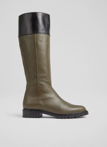 L.K. BENNETT LINCOLN GREEN LEATHER FLAT KNEE-HIGH BOOTS ~ women’s chic winter footwear - flipped