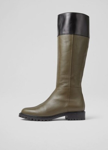 L.K. BENNETT LINCOLN GREEN LEATHER FLAT KNEE-HIGH BOOTS ~ women’s chic winter footwear