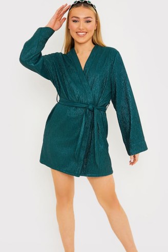 LISA JORDAN GREEN TEXTURED WRAP DRESS ~ on-trend tie waist evening dresses ~ celebrity inspired going out fashion