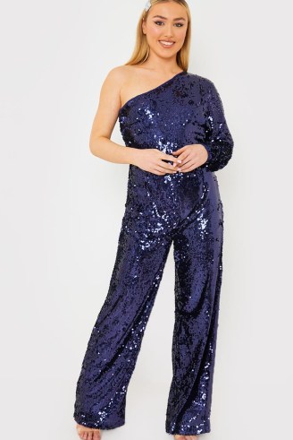 LISA JORDAN NAVY SEQUIN ONE SHOULDER WIDE LEG JUMPSUIT ~ blue sequinned asymmetric jumpsuits ~ celebrity inspired party fashion - flipped