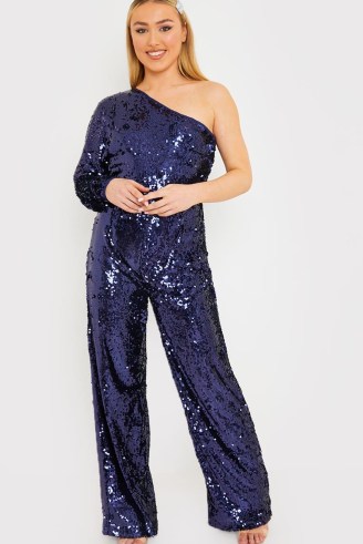 LISA JORDAN NAVY SEQUIN ONE SHOULDER WIDE LEG JUMPSUIT ~ blue sequinned asymmetric jumpsuits ~ celebrity inspired party fashion