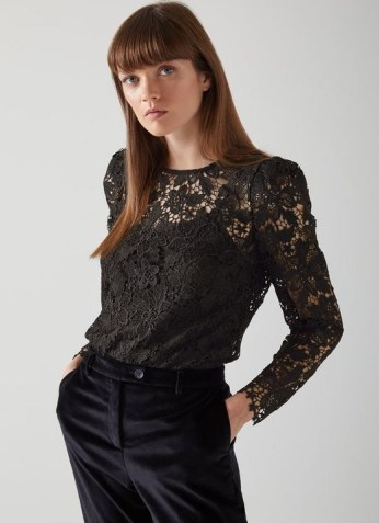 L.K. BENNETT LOLA BLACK LACE BLOUSE ~ semi sheer floral evening blouses