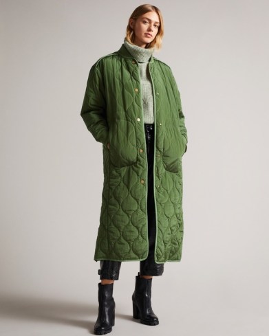 TED BAKER AVVERII Long quilted bomber coat ~ womens green longline quilt detail coats