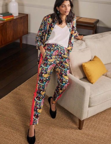 BODEN Ludlow Satin Trousers Black, Fantastical / womens floral and paisley print trousers - flipped