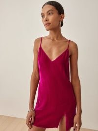 Reformation Lyza Velvet Dress in Rhubarb | pink split hem short length slip dresses