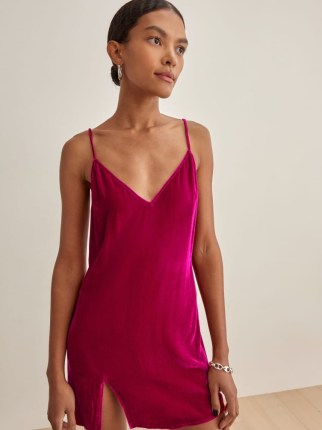 Reformation Lyza Velvet Dress in Rhubarb | pink split hem short length slip dresses - flipped